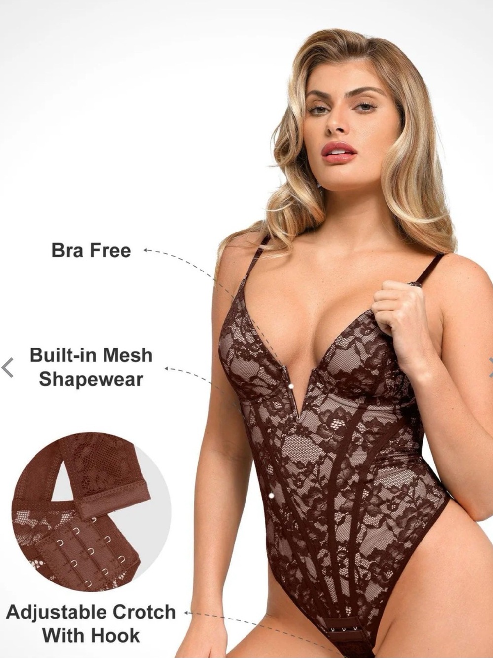 Women's Deep V Lace Bodysuit in Brown